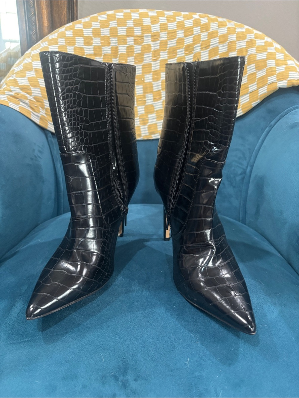 Express Black Croc-Embossed Pointed Toe Mid-Calf Boots